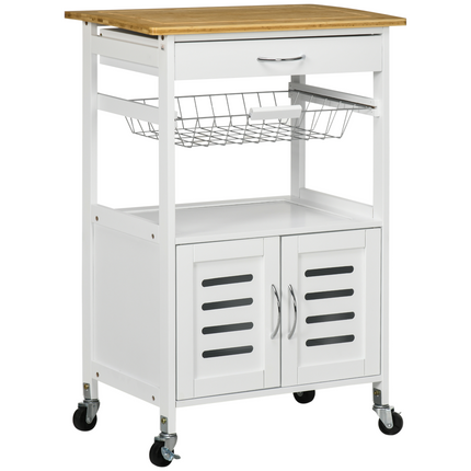 Kitchen Island Trolley Utility CartBamboo Table Top, Storage Cabinet, Drawer