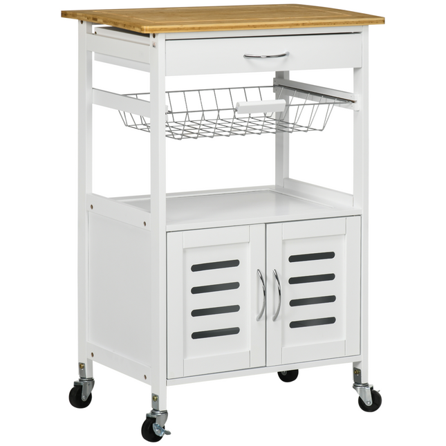 Kitchen Island Trolley Utility CartBamboo Table Top, Storage Cabinet, Drawer