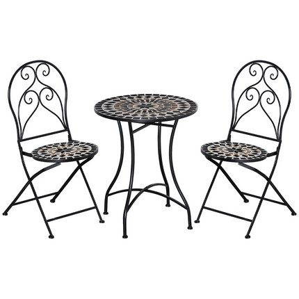 3PC Garden Bistro Set with Mosaic Tile Top and Seats, Metal Frame