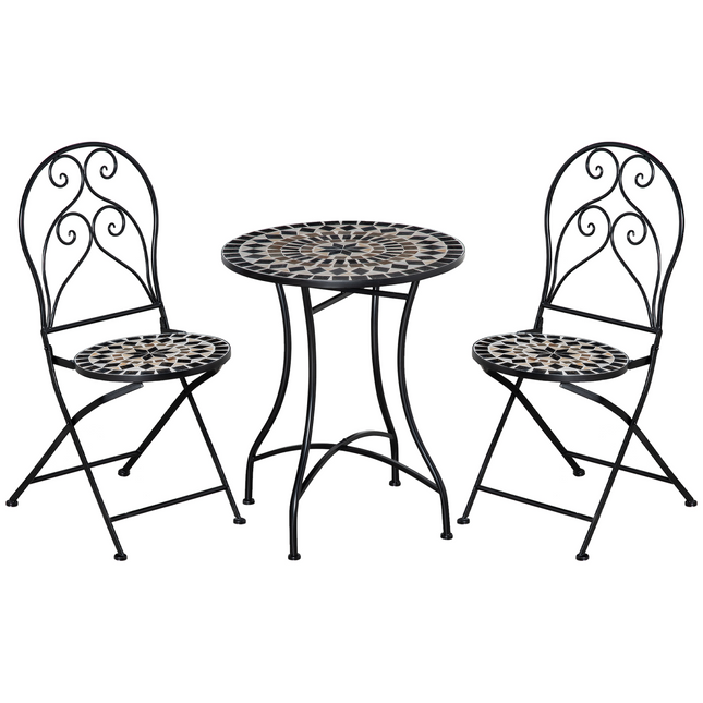 3PC Garden Bistro Set with Mosaic Tile Top and Seats, Metal Frame