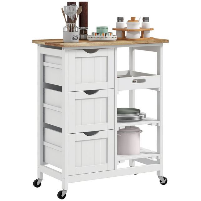 HOMCOM Rolling Kitchen Island Cart – Compact Bar Serving Trolley, White