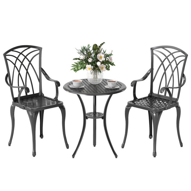 Cast Aluminium 2-Seater Outdoor Garden Table & Chair Set Brown