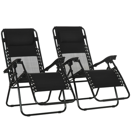 Foldable Garden Recliner Chair Set of 2 w/ Footstool & Headrest, Black