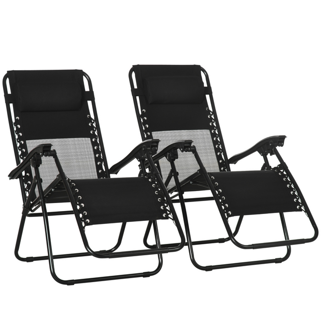 Foldable Garden Recliner Chair Set of 2 w/ Footstool & Headrest, Black