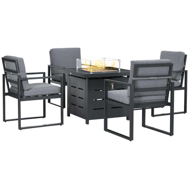 4 Seater Aluminium Garden Furniture Set with Gas Firepit Table, Grey