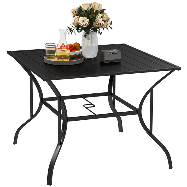 Outsunny Garden Table with Parasol Hole for Four, Slatted Metal Plate Top