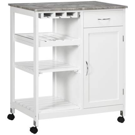 Kitchen Trolley Utility Cart on Wheels with Wine Rack, Drawer, Open Shelf White
