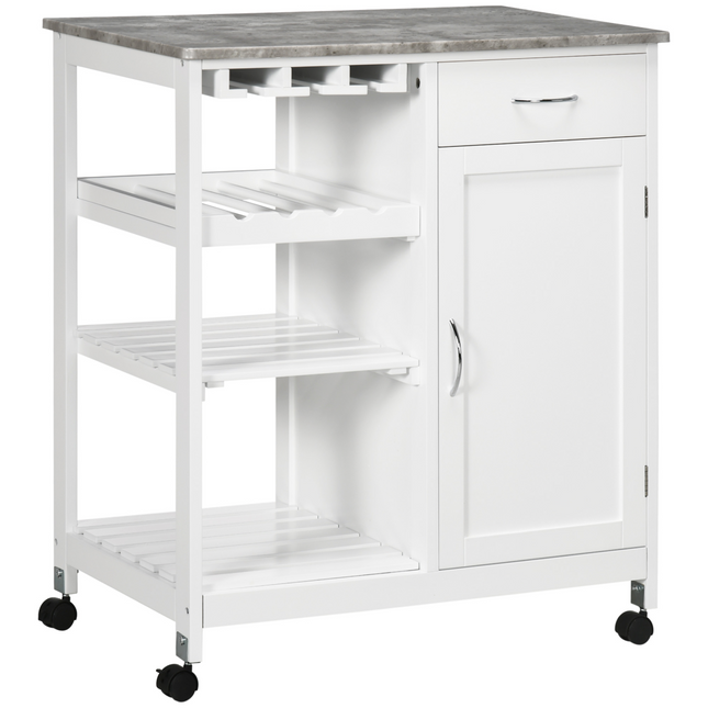 Kitchen Trolley Utility Cart on Wheels with Wine Rack, Drawer, Open Shelf White