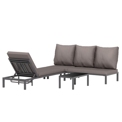 Outsunny 3-PCS PE Rattan Lounge Set, Aluminium Recliner Sofa Bed Set, Grey