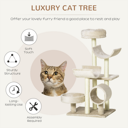 Large Multi-Level Cat Tree – Scratching Post, Tunnel, Perches & Play Center – Beige