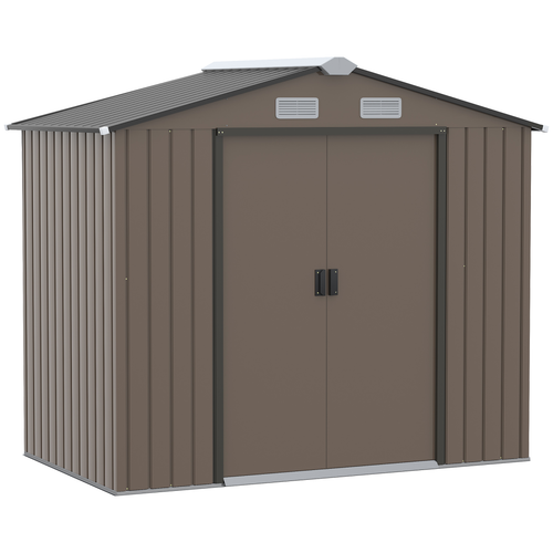 Brown Metal Garden Shed with Locking Door, Foundation & Floor – Outdoor Storage Unit