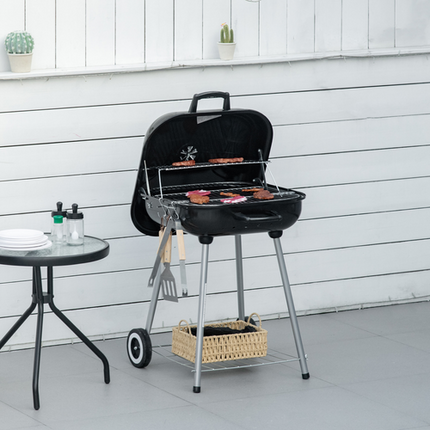 Outsunny BBQ Charcoal Smoker Grill Trolley with 2 Wheels and Utensil Holders