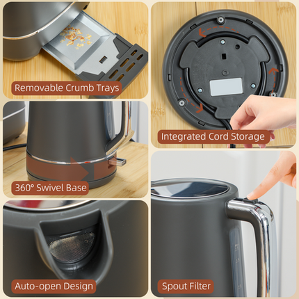 HOMCOM 3000W Electric Kettle & 2-Slice Toaster Set – Fast Boil – Grey