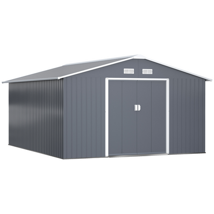 13x11FT Grey Steel Garden Shed – Outdoor Storage House with Foundation and Ventilation
