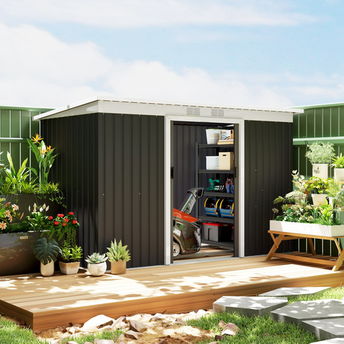 Galvanized Steel Garden Shed 9 x 4FT – Double Door Outdoor Storage Building, Grey