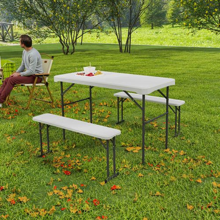 Outsunny 3-Piece Folding Picnic Table & Bench Set – With Handle – Light Grey