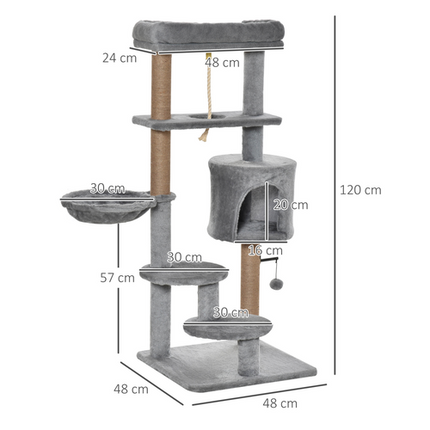 Cat Tree Tower with Scratching Post, Hammock, Hanging Ball, Condo & Teasing Rope