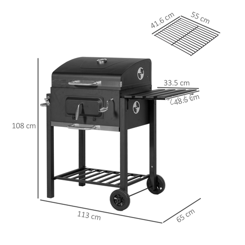 Outsunny Charcoal BBQ Trolley Grill with Side Shelf and Thermometer - Black Steel
