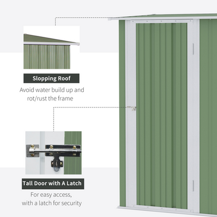 Green Metal Garden Shed 142x84x189 cm – Sloped Roof, Lockable Door, Outdoor Storage Unit