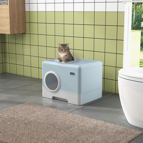 PawHut Enclosed Cat Litter Tray with Lid – Front Entry, Top Exit, Scoop – Blue