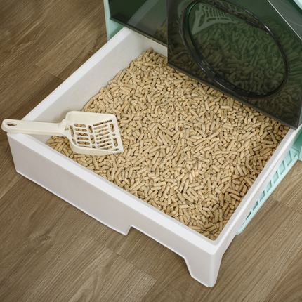 PawHut Hooded Cat Litter Tray – Scoop, Drawer Pan & Handle – Light Blue