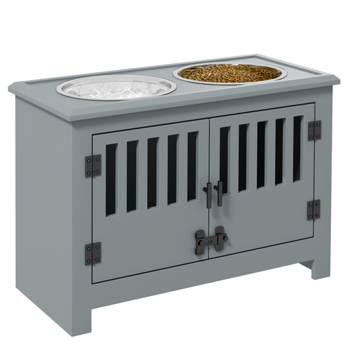 PawHut Raised Dog Bowls – Feeding Station with Stand & Storage – Grey – Large Dogs