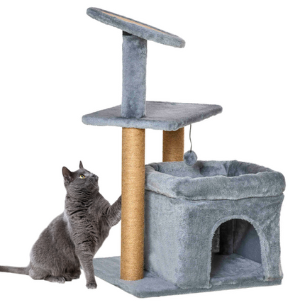 Cat Tree Tower with Scratching Posts, Perch, Condo & Kitten Toys – Grey