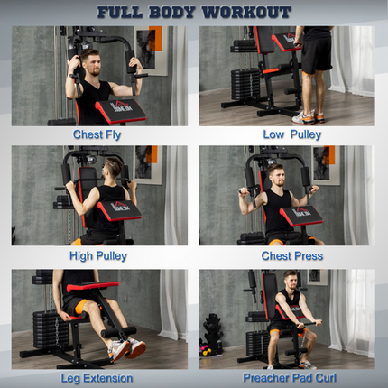 HOMCOM Multi-Station Home Gym – 66kg Weight Stack for Strength Training, Red