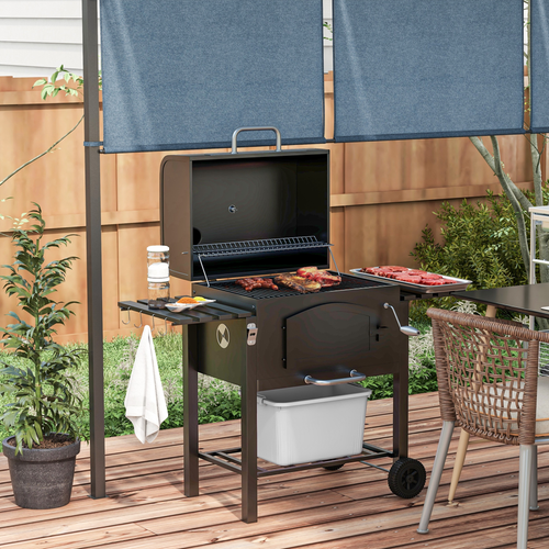 Outsunny Charcoal BBQ Grill with Adjustable Height Trolley and Thermometer