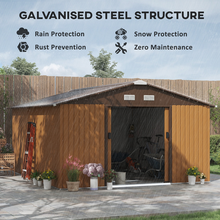13x11FT Large Metal Garden Shed – Light Brown Storage House with Foundation, Doors and Ventilation