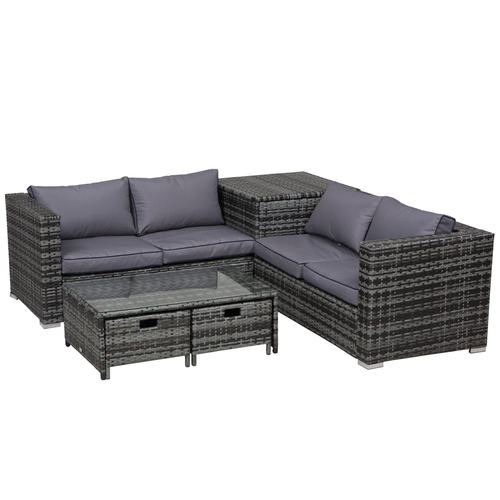 4-Piece Rattan Sofa Set with Storage Table and Cushions – Corner Trunk Style – Grey
