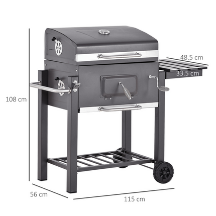 Outsunny Charcoal BBQ Grill Trolley with Shelf, Side Thermometer - Black Steel