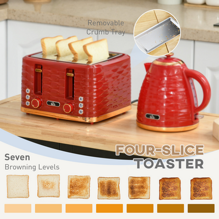 HOMCOM 1.7L Rapid Boil Kettle & 4-Slice Toaster Set – Red