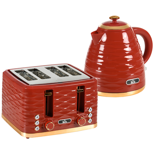 HOMCOM 1.7L Rapid Boil Kettle & 4-Slice Toaster Set – Red
