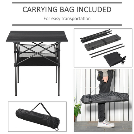 Aluminium Folding Camping Table – Roll-Top Design with Mesh Bag – Black
