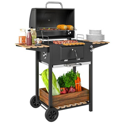 Outsunny Charcoal BBQ Grill with Warming Rack and 3 Shelves - Temperature Gauge