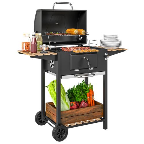 Outsunny Charcoal BBQ Grill with Warming Rack and 3 Shelves - Temperature Gauge