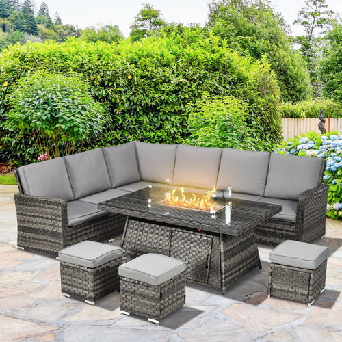 Outsunny 7-Piece Rattan Garden Furniture Set with 50,000 BTU Gas Fire Pit Table