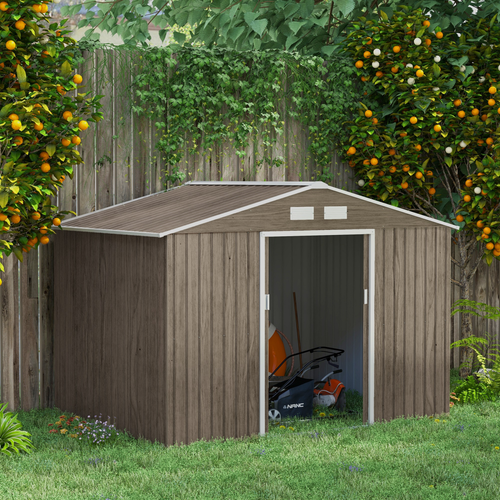 Brown Metal Garden Shed with Lockable Door, Foundation and Floor – Ventilated Outdoor Storage Unit