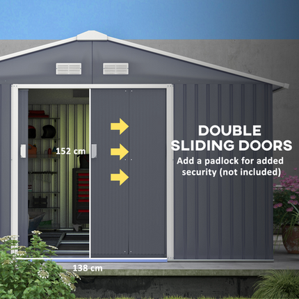 13x11FT Grey Steel Garden Shed – Outdoor Storage House with Foundation and Ventilation