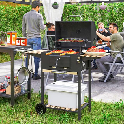 Outsunny Charcoal BBQ Grill with Warming Rack and 3 Shelves - Temperature Gauge