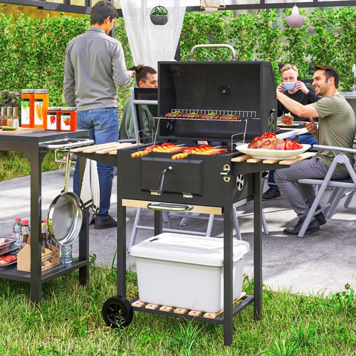 Outsunny Charcoal BBQ Grill with Warming Rack and 3 Shelves - Temperature Gauge