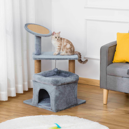 Cat Tree Tower with Scratching Posts, Perch, Condo & Kitten Toys – Grey