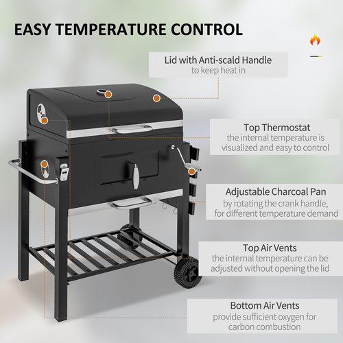 Outsunny Charcoal BBQ Trolley Grill with Side Shelf and Thermometer - Black Steel