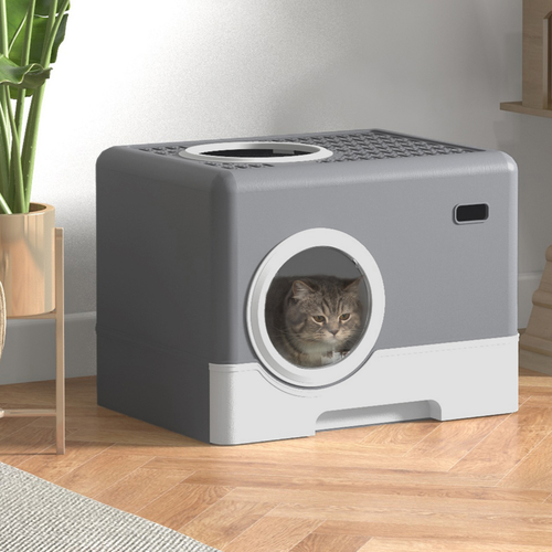 PawHut Enclosed Cat Litter Tray with Lid – Grey – Front Entry, Top Exit & Scoop