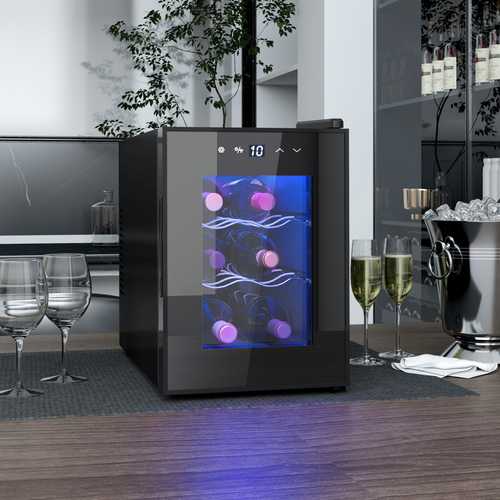 HOMCOM Mini Beer and Wine Fridge – 6-Bottle Capacity – Glass Door & Touch Screen