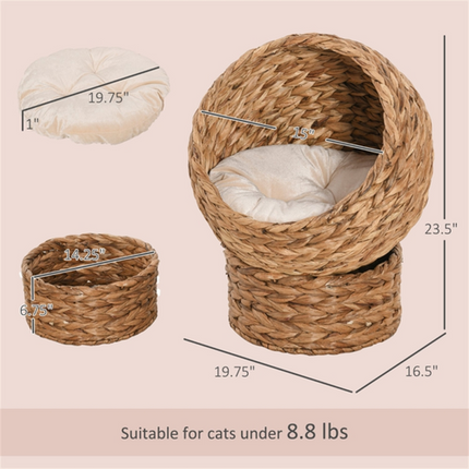 Natural Rattan Cat Bed – Raised Basket with Cushion for Small Pets