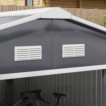 13x11FT Grey Steel Garden Shed – Outdoor Storage House with Foundation and Ventilation
