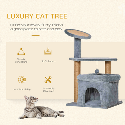 Cat Tree Tower with Scratching Posts, Perch, Condo & Kitten Toys – Grey