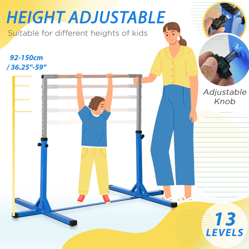 HOMCOM Adjustable Kids Gymnastics Bar – Horizontal Training with Steel Frame, Blue